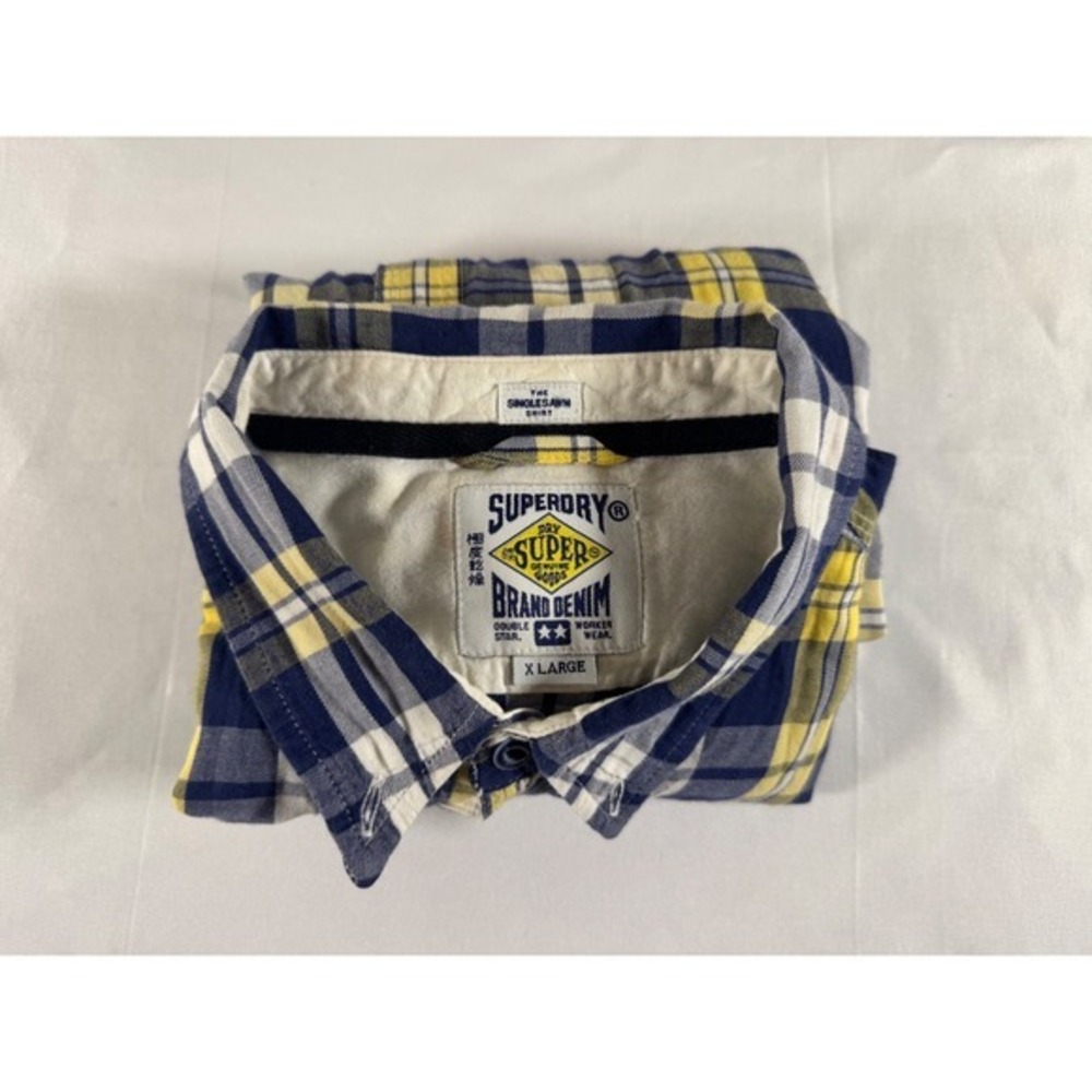 Superdry Brand Denim Mens XL Plaid Button Down Shirt Navy Yellow Long Sleeve